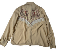 Vtg Western Fringe Shirt Womens M Bucking Bronco Rodeo Cowboy Tan Button Up USA picture