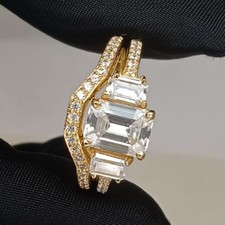 4.50Ct Emerald Old Mine Certified Moissanite Women Ring Set 14K Yellow Gold Over picture