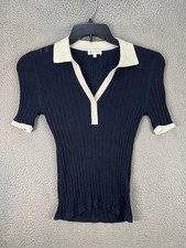 Lilysilk Blouse Womens Small Blue V Neck Ribbed Mulberry Silk Knit Top Pointelle picture