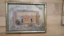 Vintage Chinese Silk Painting Warrior Figures Faux Bamboo Gilt Frame Wall Art picture