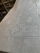 Vintage Dbl DAMASK LINEN BANQUET TABLECLOTH White Bows Roses Vines 84x72 craft picture