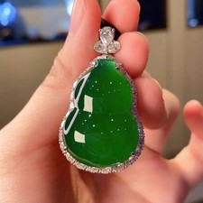 Myanmar High Ice-Grade Imperial Green Gourd Jade Pendant Full Green Amulet picture