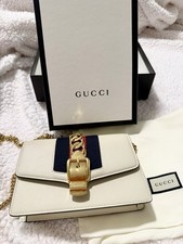 Gucci Sylvie Small White Striped Shoulder Bag Gold Chain Strap Magnetic, Dust picture