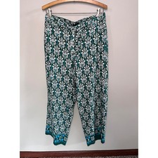Talbots Green Floral Damask Wide Leg Crop Pants Petite Medium MP Drawstring Eco picture