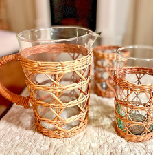 Pottery Barn Wicker Glass Tumblers Pitcher 9 Pc Set Rattan Coastal Unused picture