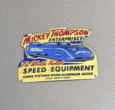 VINTAGE 12” MICKEY THOMPSON SPEED PORCELAIN SIGN CAR GAS OIL TRUCK MOTORCYCLE picture