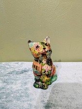 Colorful Decoupage Cat Figurine Floral Garden Art Decorative colorful floral picture