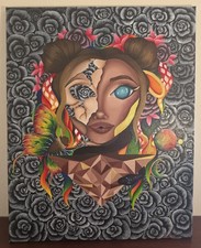 Original Surrealist Painting 16x20 Canvas Signed Female Portrait Pop Art OOAK picture
