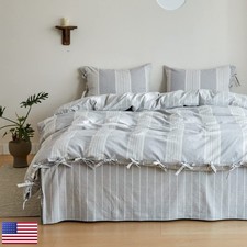 BISELINA Striped Duvet Cover Set 3pcs 100% Washed Cotton Queen Grey picture