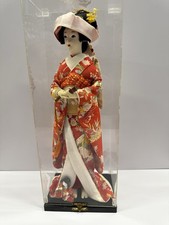 Vintage Japanese Geisha Doll 15” Silk Kimono in Wooden Glass Display Case picture