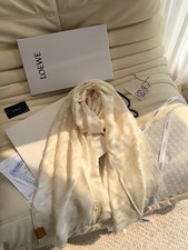 LOEWE Anagram Wool Cotton Silk Scarf Shawl Cream Fringe 65x180cm picture