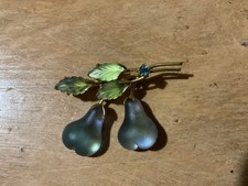 Vintage AUSTRIA Forbidden Fruit Light Blue Pears Molded Glass Leaves Brooch picture