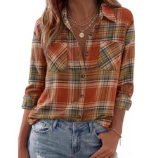 Womens Flannel Shirts Long Sleeve Button Down Casual Fall Plaid Top picture