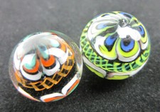 2 RINKY-DINK 16mm Handmade Art Glass Orange Blue Green Lattice Design Marbles picture