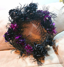 Halloween Black/ Purple/Silver Shimmer Rose/Skull Wreath Door Decor~Artificial picture