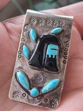 VINTG NATIVE AMERICAN MONEY CLIP OLD PAWN 925 SILVER TURQUOISE ONYX WARRIOR RARE picture