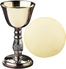 Church Gold Plated Brass Chalice & Paten, 5 Ounce, 2 Tone Antique Silver picture