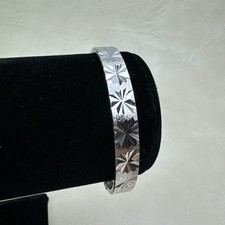 Vintage Etched Starburst Bangle Hinged Silver Tone 18k RGP 7