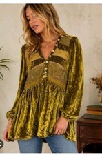 Antropologie Women's  Boho Mustard Gold Crushed Velvet Tunic Top Blouse Size XL picture