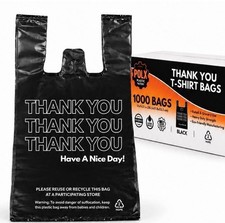 1000 Black Thank You T-Shirt Bags Easy Open HDPE Grocery Carryout 12x7x22 USA picture