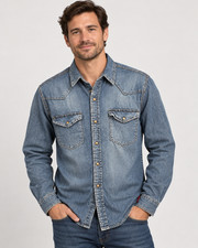 WRANGLER Men's Denim Western Shirt Large Blue Snap Button Long Sleeve picture