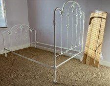 Antique Ornate White Metal Full Size Bed Frame Victorian Scrollwork Headboard picture