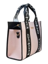 bebe Pink Black Logo Tote Bag Gold Hardware Detachable Strap Stylish Designer picture