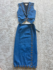 VINTAGE James Halbert Blue Denim 2pc Vest Skirt Set S Western Lace-Up Tie V-Neck picture