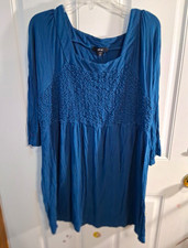 ellos Womens Plus 2XL Blue Ruched 3/4 Sleeve Pullover Knee Dress Stretch picture