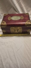 Vintage Chinese Wooden Jewlry Box with a Carved Jade Inlay and Brass Hardware picture