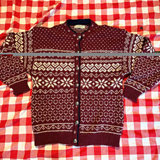 Vintage L.L.Bean Fair Isle Wool Knit Button Cardigan Sweater Mens L Burgundy picture
