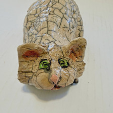 Whimsical Raku Pottery Crouching Cat OOAK Figurine Signed DOT 6