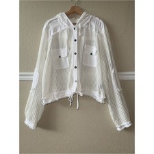 POL 100% Cotton Boho See Through Button Down Hoodie Cardigan White Ivory Large picture