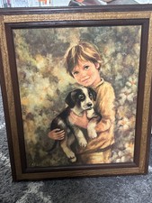 Vintage Mid Century Boy And Dog Comrades Signed C. Mitchell Framed Art 24 X 20” picture