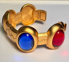 RARE YSL Monet Gold Tone Hinged Bangle Bracelet Red Blue Bezel Cabochons Signed picture