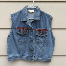 Gino Ginori VINTAGE USA MADE Demin Vest Aztec Trim Accents Med Cowgirl Rodeo picture
