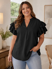 SHEIN Black Ruffle Sleeve Blouse Womens L 8/10 V Neck Flutter Sleeve Top NWT picture