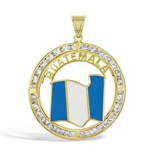 14K Gold Guatemala Flag Round Pendant Charm CZ Enamel Design 1.2