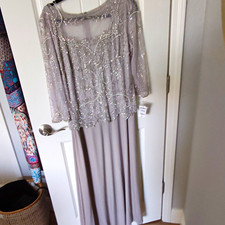 Pisarro Nights Gray Solid Beaded Sequin Mesh Scoop Neck 3/4 Gown Zip Sz 12 picture