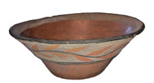 antique native red clay pottery dish / bowl white paint edge leaves 7.25