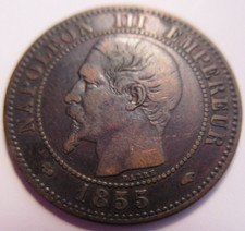 NAPOLEON III 2 CENTIMES BRONZE COIN 1855A ANCHOR & HAND  EF+  RARER OF 1955 A'S picture