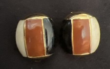 Vintage Orena Paris Clip On Earrings Cream Brown Black Enamel Fold Toned Signed picture