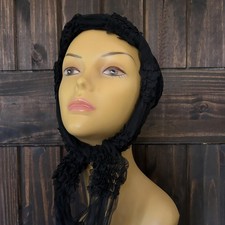 Antique Late 1800s Victorian Mourning Ruched Silk Crinoline Straw Pointed Bonnet picture