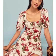 Reformation Beechwood Midi Dress Floral Cottagecore White Red 2 Tie Back picture