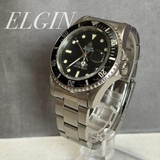 Vintage ELGIN Treasure Men's Quartz Diver Style Watch Black Dial Date Steel 38mm picture