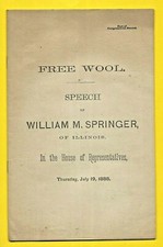 1888 Free Wool Tariff Speech Pamphlet ~ Rep William M Springer Illinois ~ 32p picture