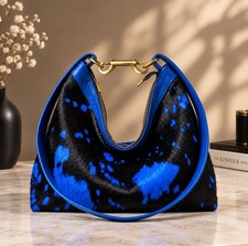 Handmade Cowhide Leather Hobo Bag Women’s Shoulder Bag Hair-On Hide Blue Black picture