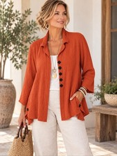 Yushi Rust Orange Tunic Top XL Button Front Lagenlook Crinkle Rayon Womens Artsy picture