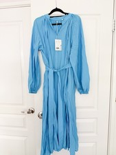 COS Blue V-Neck Balloon Sleeve Belted Fit & Flare Midi Dress Size AU 8 NWT picture