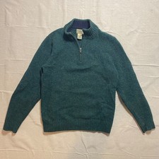 L.L. Bean Shetland Wool Quarter Zip Sweater Men Large Green Elbow Patch Pullover picture